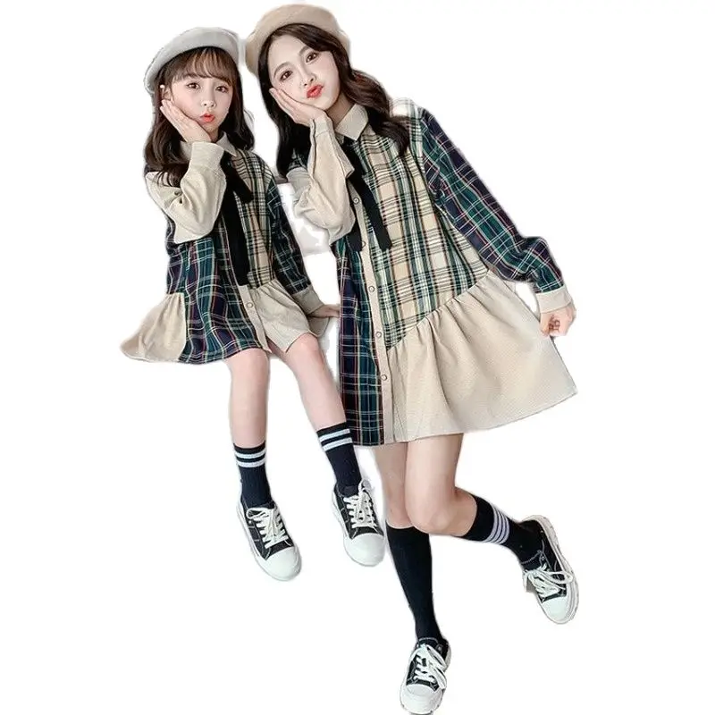 

Girls Clothes Plaid Patchwork Long Shirt Spring Autumn New Teenage Clothing Korean Fashion Bow Parent-child Dress 8 10 11 12 Yrs