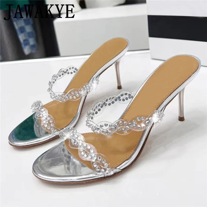 

PVC Crystal Decorate High Heel Shoes Women Slippers Sexy Thin Heels Single Strap Mules Ladies Shoes Party Wedding Shoes Feminina