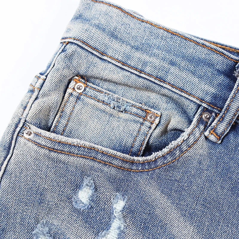 Street Fashion Men Jeans Retro Blue Destroyed Hole Elastic Stretch Skinny Ripped Jeans Men Patched Designer Hip Hop Brand Pants