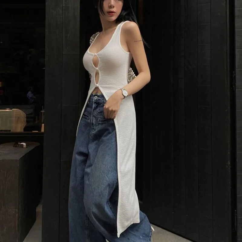 

2023 Y2K Women's Long Knitted Sweater Vest Top Casual Vintage Sleeveless V-buckle Vest Summer Fall Chic Vest Club