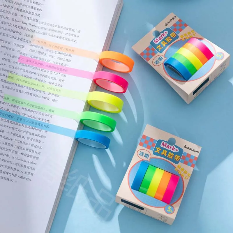 

5 Roll 5 Colors Stickers Transparent Fluorescent Index Tabs Flags 5m Sticky Note Stationery Students School Office Supplies