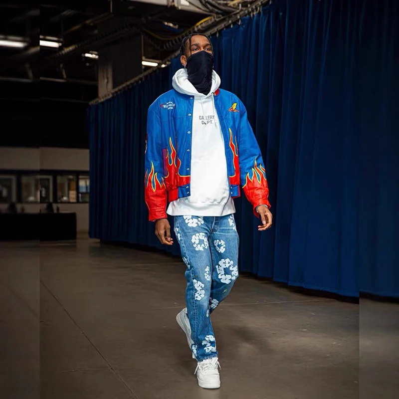 Men Women Kanye Jeans Harajuku Color Block Flower Full Print Pants Oversized Streetwear Retro Straight Casual Denim Trousers