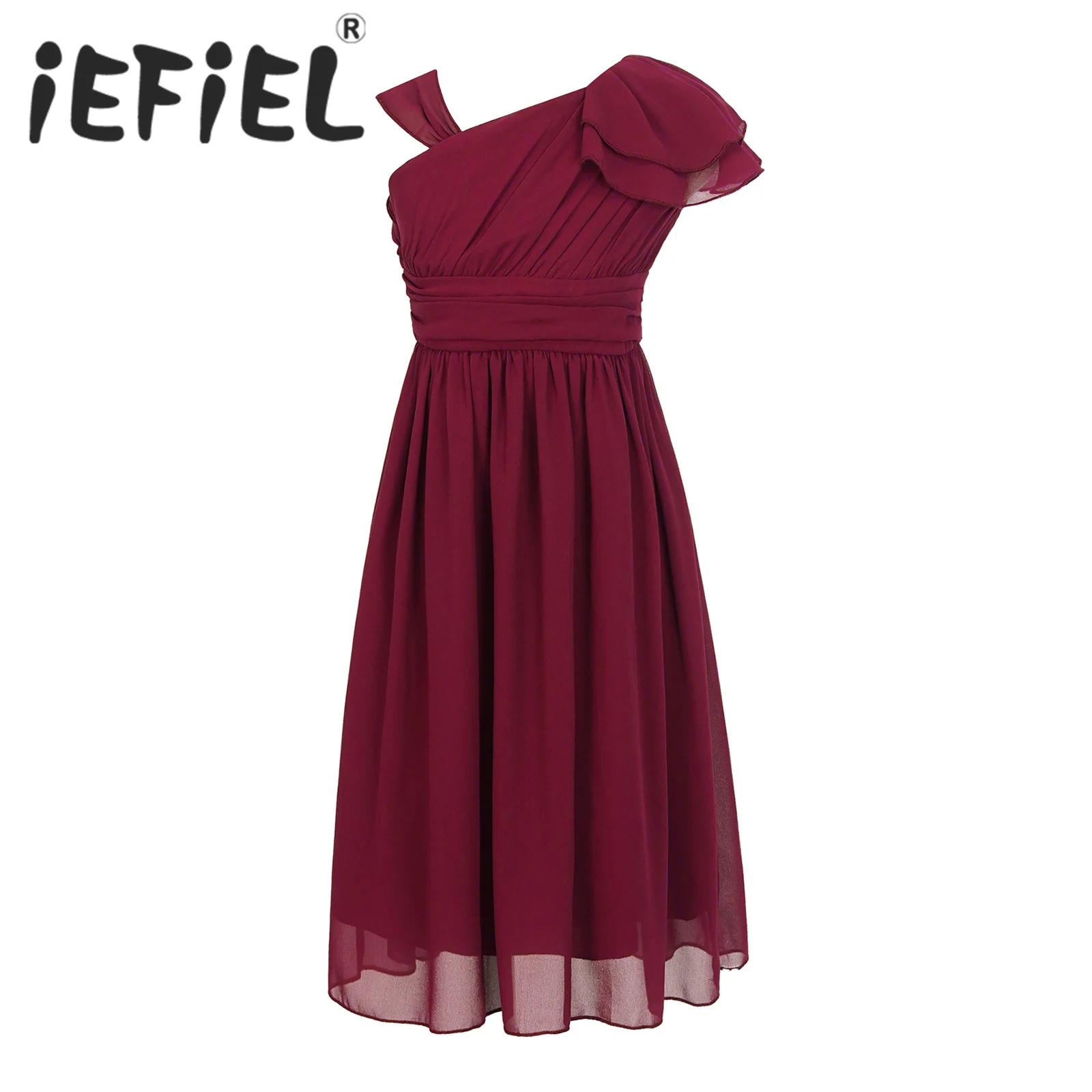 

Flower Girls Chiffon Dress Children Ruffle Irregular Shoulder Pleated Birthday Party Tutu Dress for Wedding Bridesmaid Communion