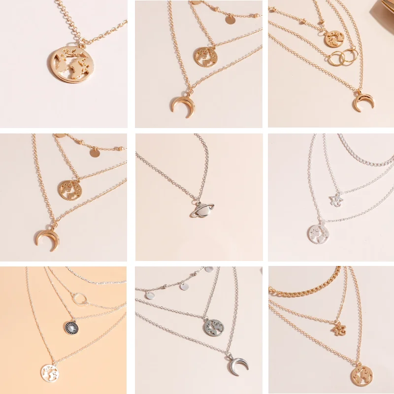 

New Fashion Retro Moon Global World Map Circle Pendant Multilayer Gold Collar Necklace Party Charm Jewelry Accessories For Women