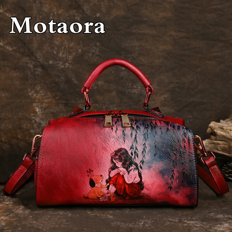 MOTAORA Vintage Women Luxury Leather Handbag For Female Bag Luxury Designer Hand Drawn Cartoon Pattern Ladies Shoulder Bags 2023