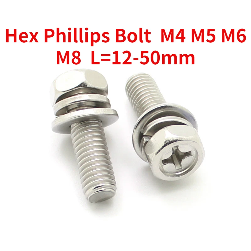 

20pcs M4 M5 M6 M8 Hex Phillips Cross Head Bolt Phillips Hexagon Screws Flat Spring Washers Set 304 Stainless Steel L=12-50mm