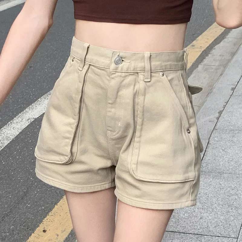 2023 New Cargo Thin Light Khaki Denim Shorts Women's Summer Wear High Waist Slimming American Loose Leisure Workwear Jean Shorts