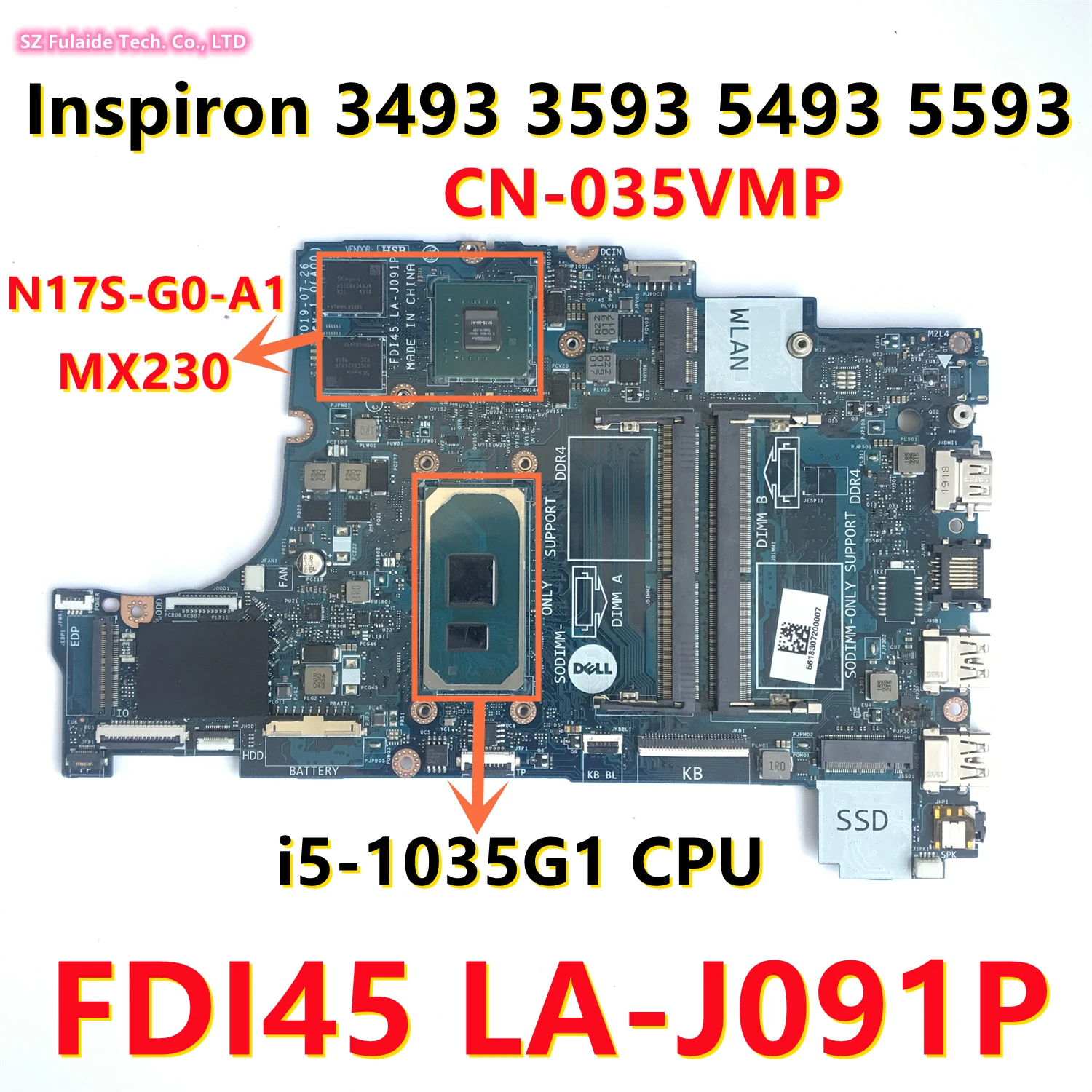

FDI45 LA-J091P For dell Inspiron 3493 3593 5493 5593 Laptop Motherboard With i5-1035G1 CPU N17S-G0-A1 MX230 CN-035VMP 35VMP