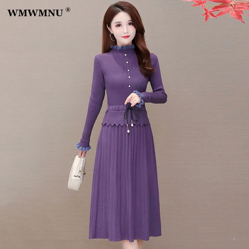 

Elegant Ruffle Long Sleeve Knitted Dress Women Vintage Slim Midi Sweater Dress Fall Patchwork Drawstring Waist Bottoming Dresses