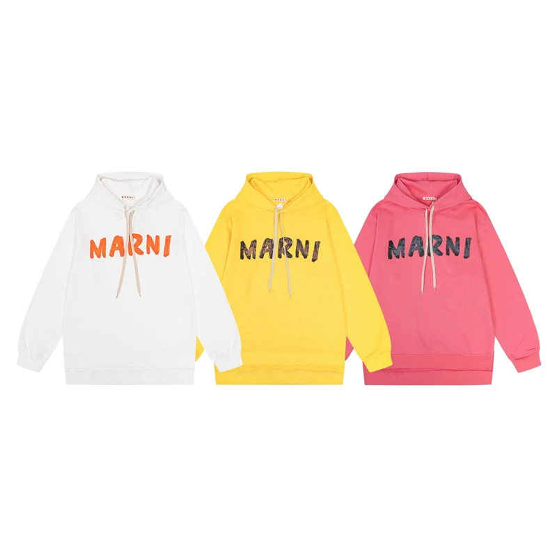 

Толстовка Y2K 2023fw Marni с принтом логотипа для мужчин и женщин, высококачественные пуловеры большого размера с капюшоном розового, желтого и белого цветов для спортзала