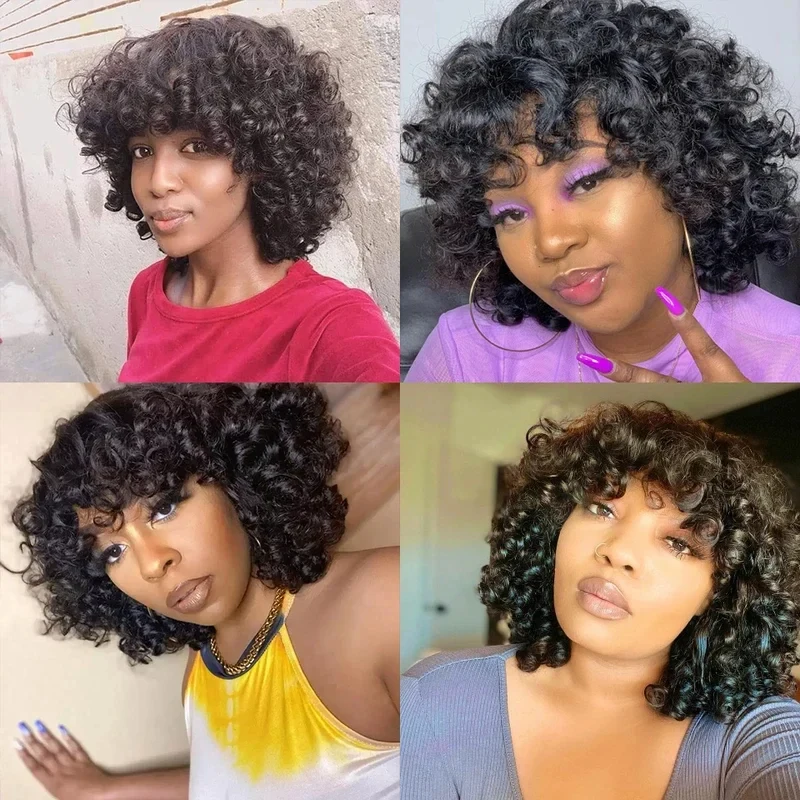 Фото Парик из натуральных волос 2026 Rose Curly Short Bob с челкой, полностью машинной работы, 250% плотность, для чернокожих женщин, бразильские волосы Remy JK753 №5