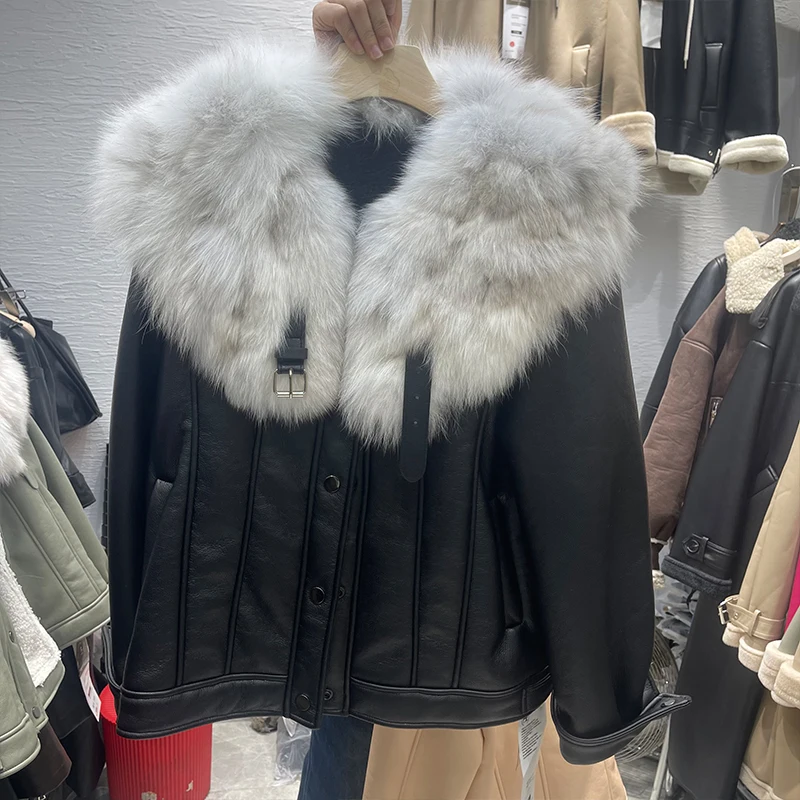 KoHuiJoo Fox Fur Collar Shearling Outerwear Women 2022 Winter Fleece Motorcycle PU Leather Jacket Thick Warm Woman Fur Coat