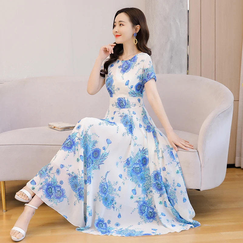 

2022 Summer Boho Beach Maxi Dress Women Casual Blue Print V-neck Short Sleeve Chiffon Long Dress Elegant Bodycon Party Vestidos