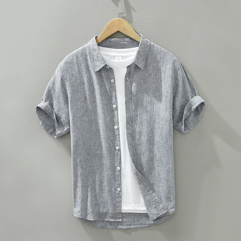 

Cotton Linen Short Sleeve Striped Shirt for Men Turn-down Collar Button Down Shirts Male Casual Retro Clothes
