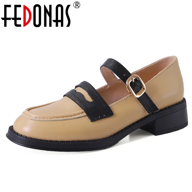 FEDONAS Quality Genuine Leather Women Pumps Spring Summer Retro Style Concise Thick Heels Buckle Shoes Woman Casual Working