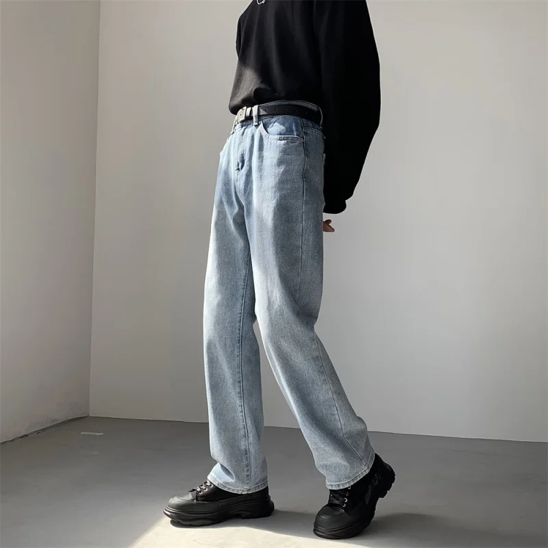 Korean Blue/Black Jeans Men Fashion Casual Baggy Wide-leg Jeans Men Streetwear Loose Hip-hop Straight Denim Pants Mens Trousers