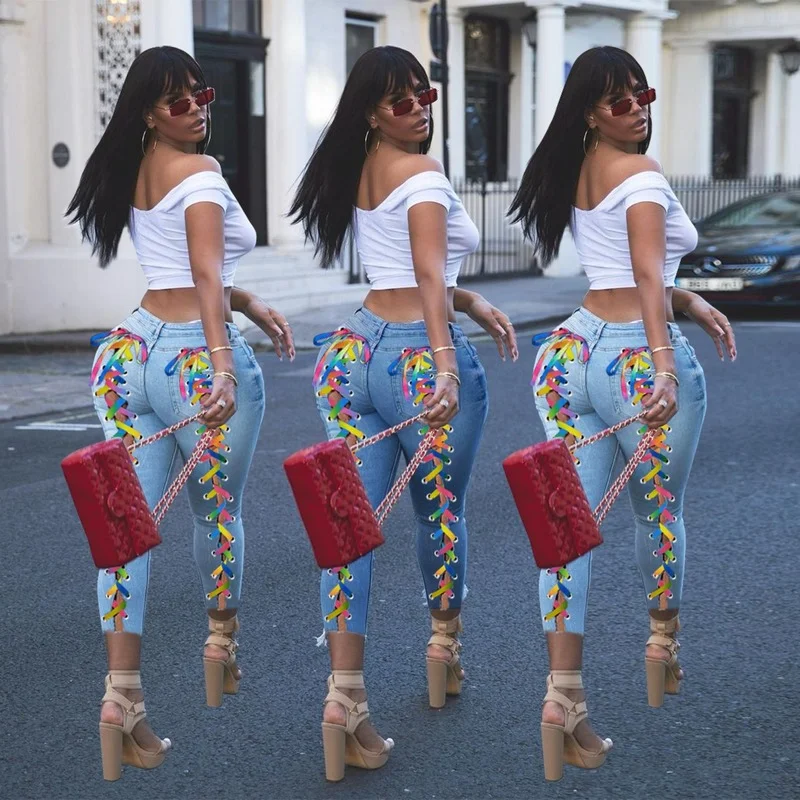 

Women Jeans Streetwear Vintage Slim Bandage Ripped Denim Pencil Pants Spring and Autumn High Waist Ankle-Length Pants Jeans