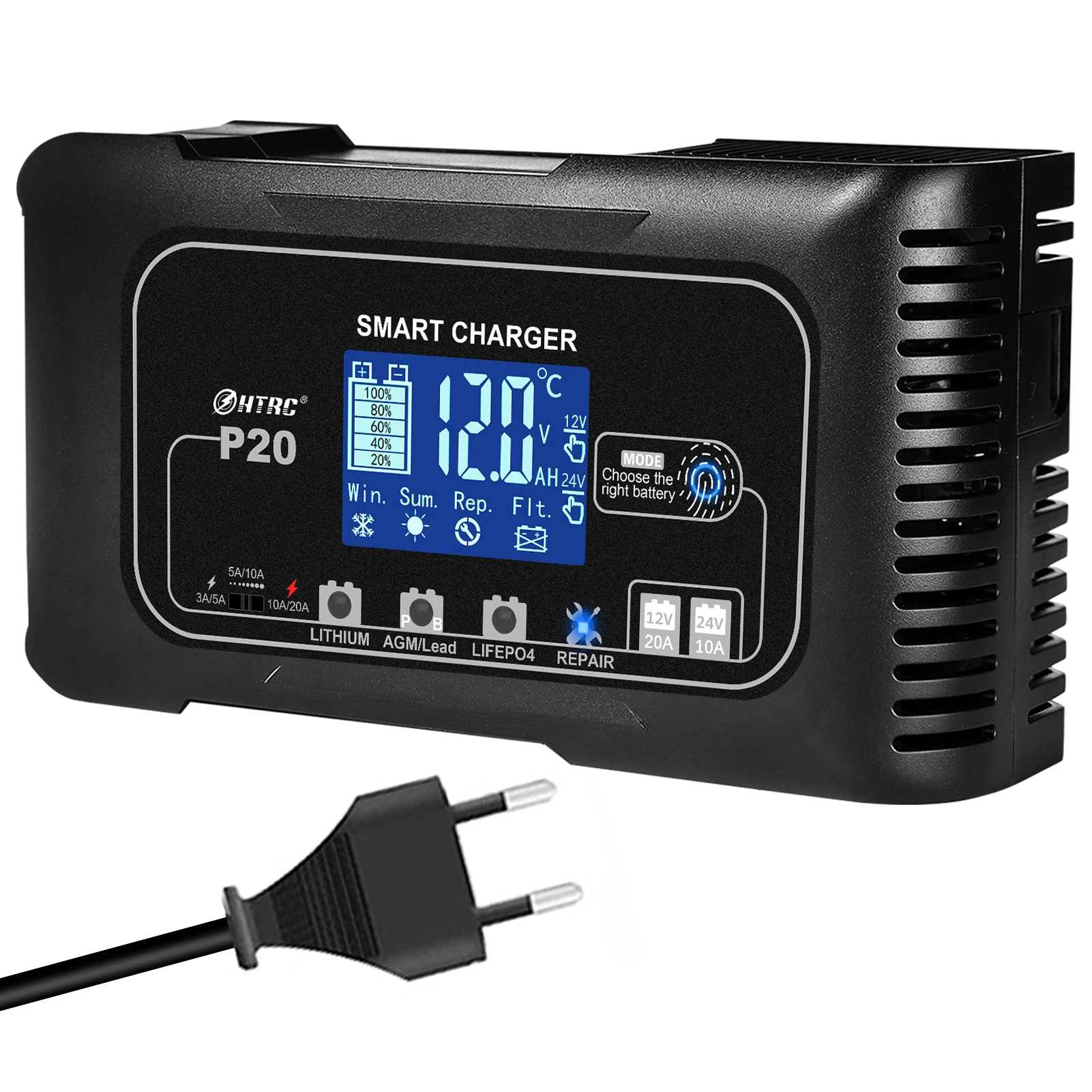 

HTRC 20A 12V-24V P20 Зарядное устройство для умного автомобильного зарядного устройства Ремонт авто Moto Свинцово-кислотный аккумулятор AGM GEL PB Литиевый аккумулятор LiFePo4