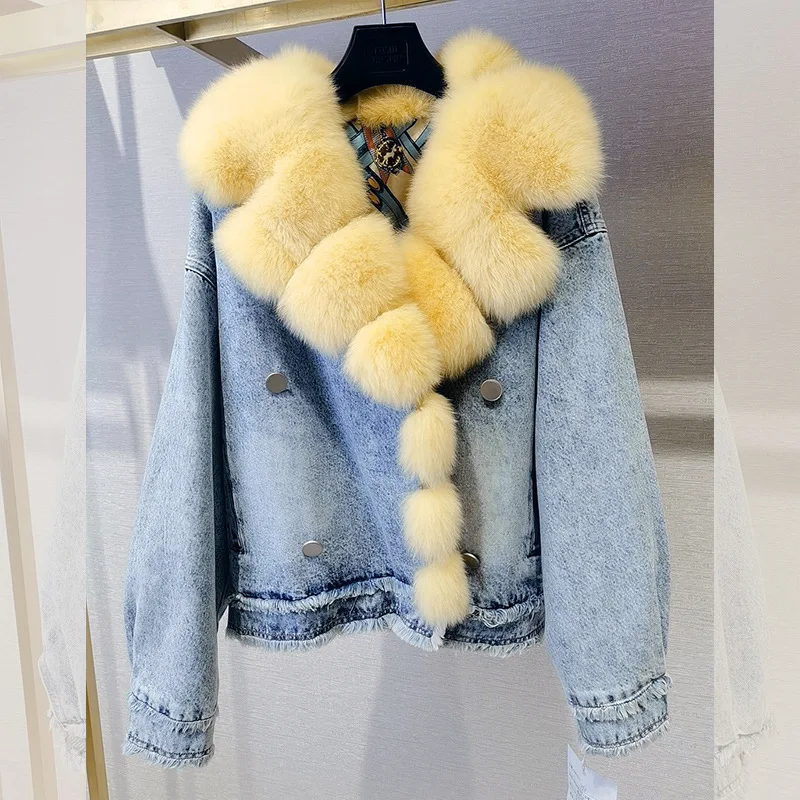 2023 Women New Genuine Fox Fur Coat Suit Collar Denim Jacket H2 enlarge