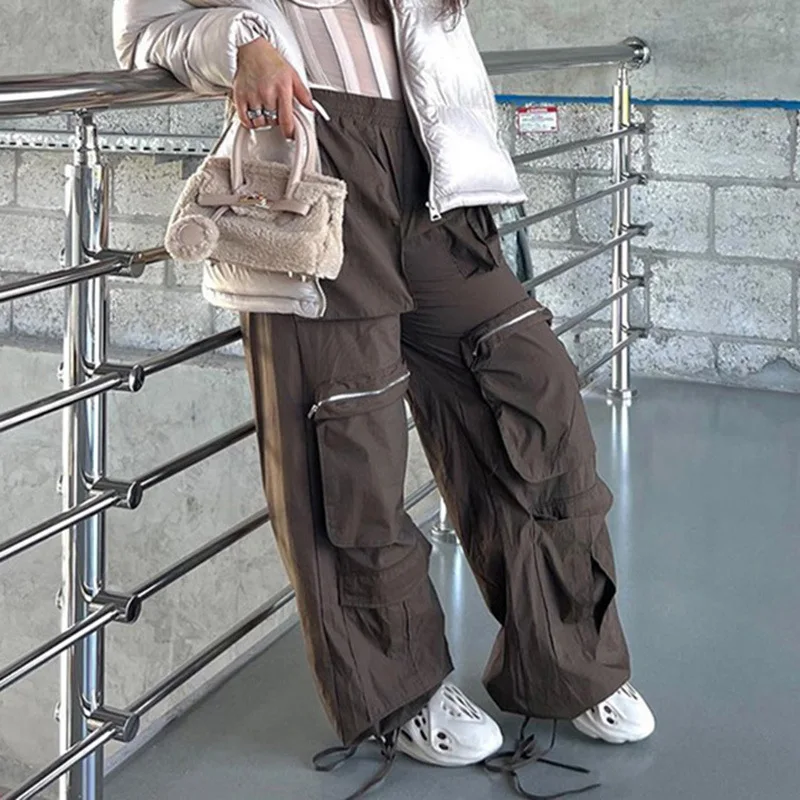 

2023 Spring Spice Girls High Street Women's Punk Retro Pocket Zipper Heavy Industry Street Woven Workwear Trousers Women