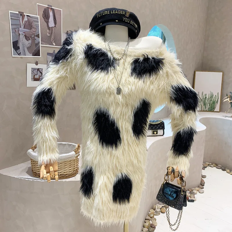 

New in Women's Clothing 2022 Winter High class Lazy style sim Imitation mink hair Long sleeve Plush dress