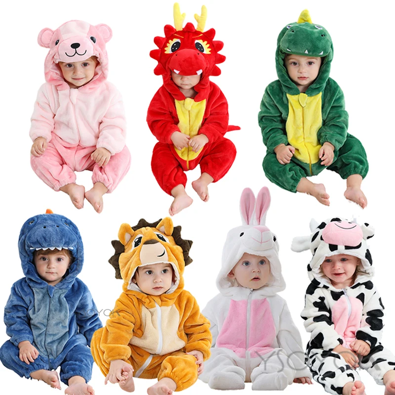 

Baby Rompers Winter Christmas Costume Hooded Jumpsuits Baby Clothes 70-120cm Kids Jumper Overall Dinosaur Rabbit Cat Roupa Bebe