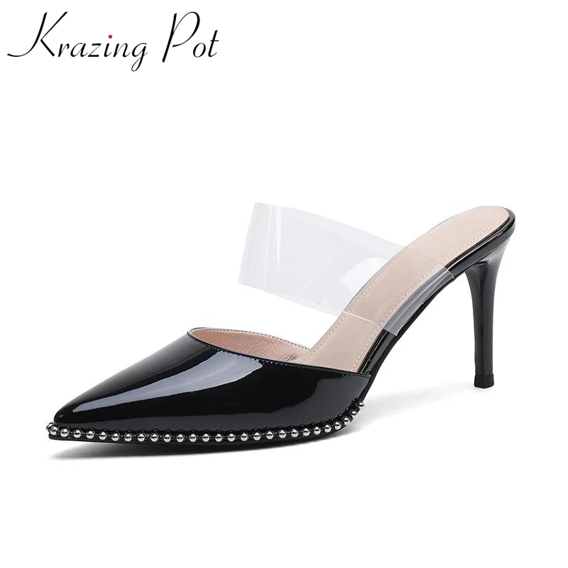 Krazing Pot cow leather stiletto high heels pointed toe summer shoes slip on women rivets beading jelly princess shallow pumps