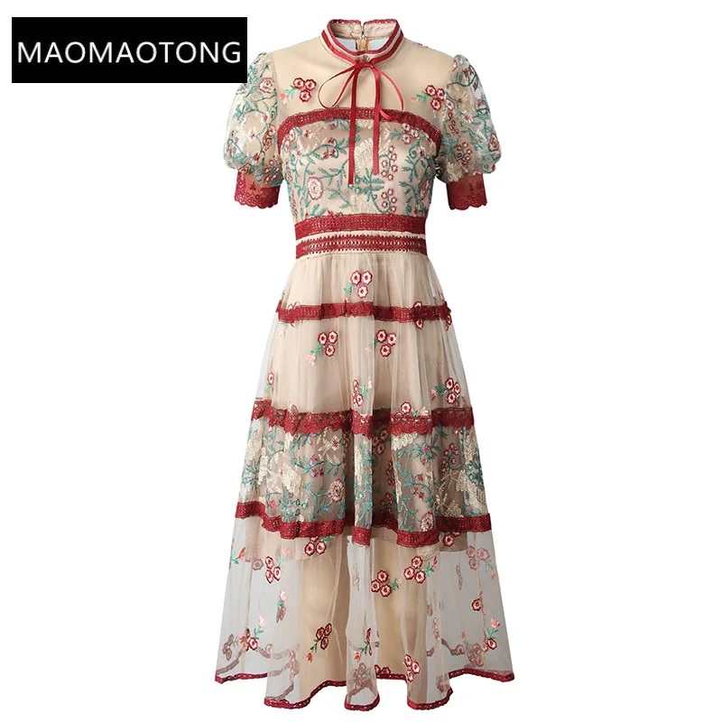 

Designer Dress Women Luxury 2022 Runway Elegant flower embroidery short sleeve Stand collar Lace Hollow out black classy dresses