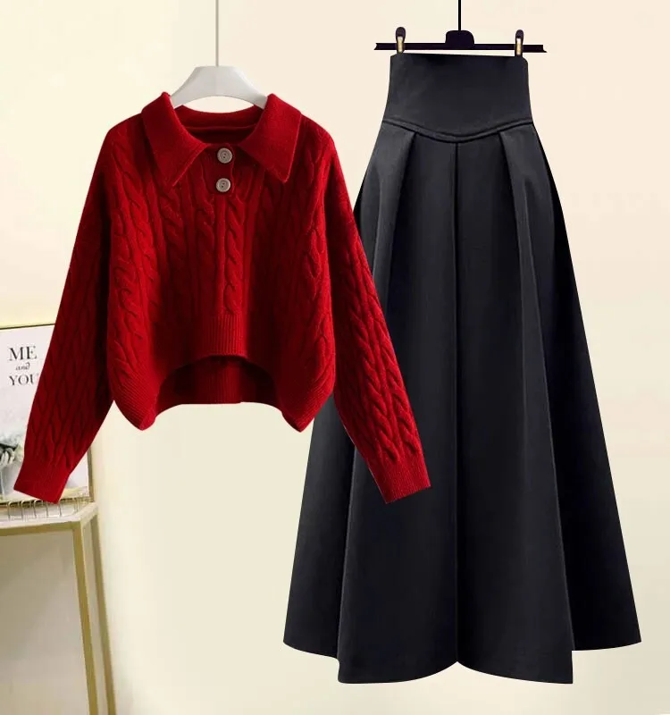 Plus Size Plus size women clothing Autumn and Winter New Sle Fat Sister High-Grade Twist Lapel Knit All-Matching Skirt Two-pi...