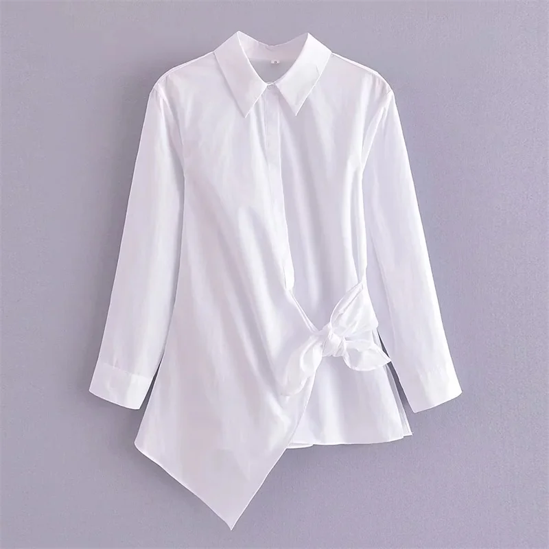 

TRAF White Wrap Shirt For Woman 2023 Summer Commuting Style Casual Lapel Collar Front Crossover With Knot Long Sleeves Shirt