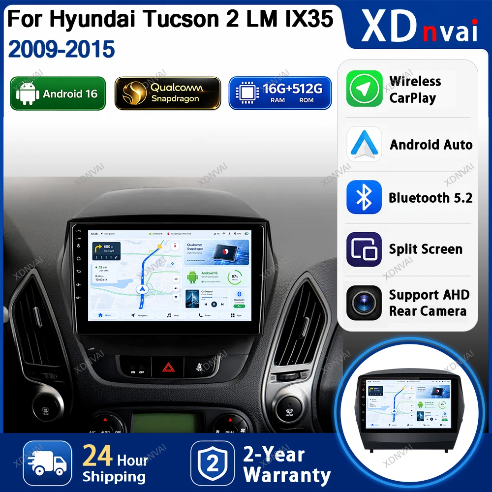 Фото Android 16 для Hyundai Tucson 2 ix35 LM 2009-2015, автомобильное радио на базе Qualcomm Snapdragon, беспроводной CarPlay, Android Auto, GPS-навигация. №1