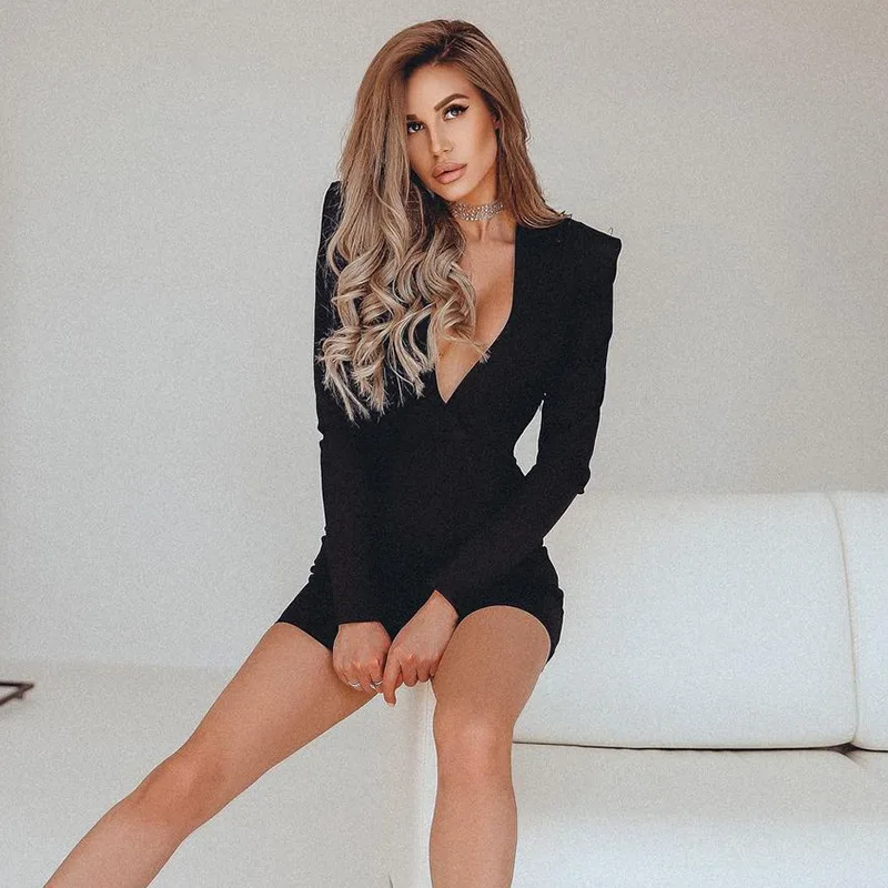 

Sexy Bodycon Short Jumpsuit Women Fashion Clothing Solid Color Rompers Playsuit Long Sleeve Bodysuits V-Neck One Piece Overalls