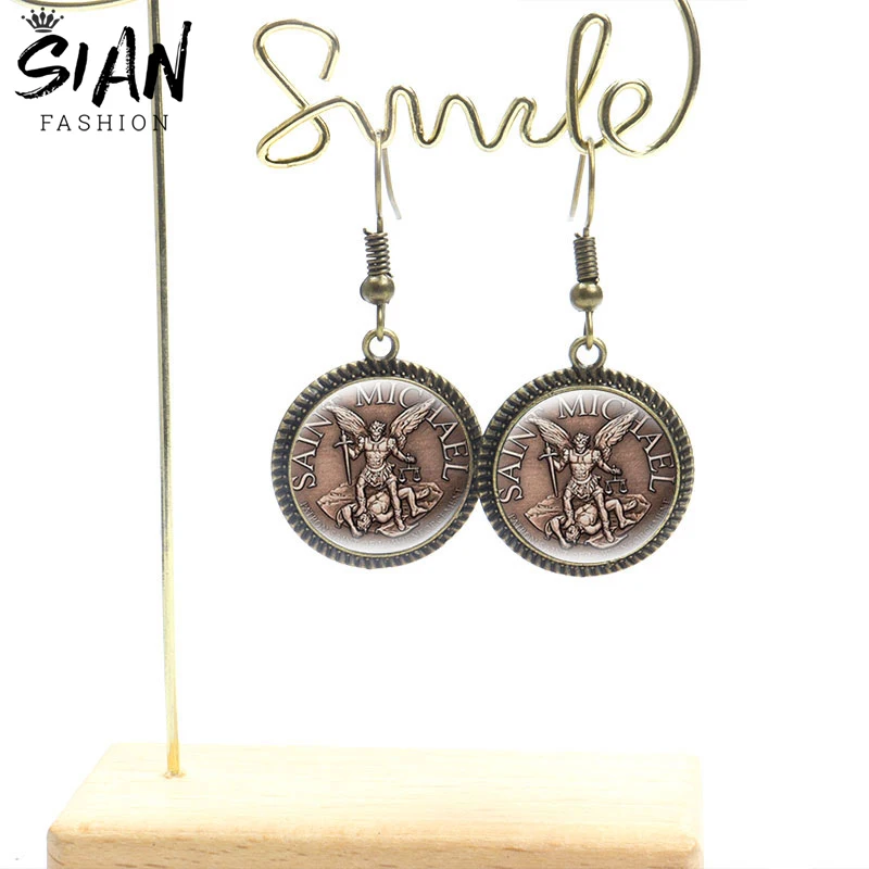 

Archangel St.Michael Drop Earrings Saint Shield Angel Protection Round Dangle Earrings Glass Orhodox Amulet Christian Jewelry