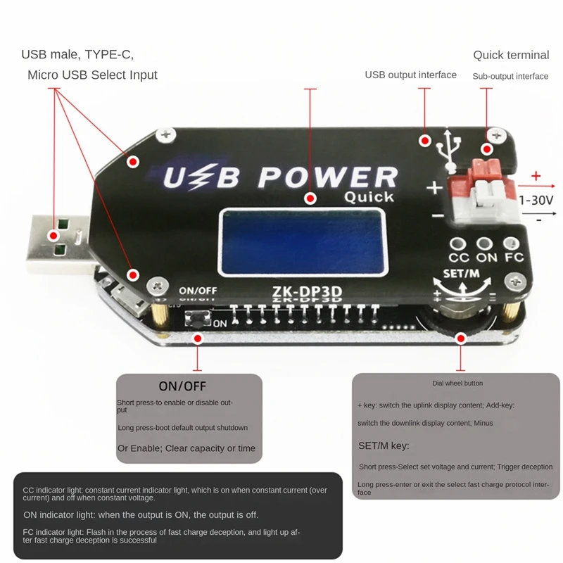 

USB-модуль питания с ЧПУ, 1-30 в, 2 А, 15 Вт