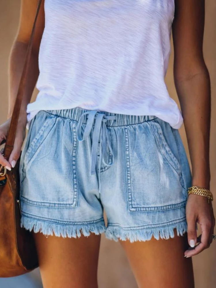 

Ladies Denim Shorts Spring and Summer New High-elastic Fashion Street Hipster Slim Fit Denim Shorts Women's Pockets Solid