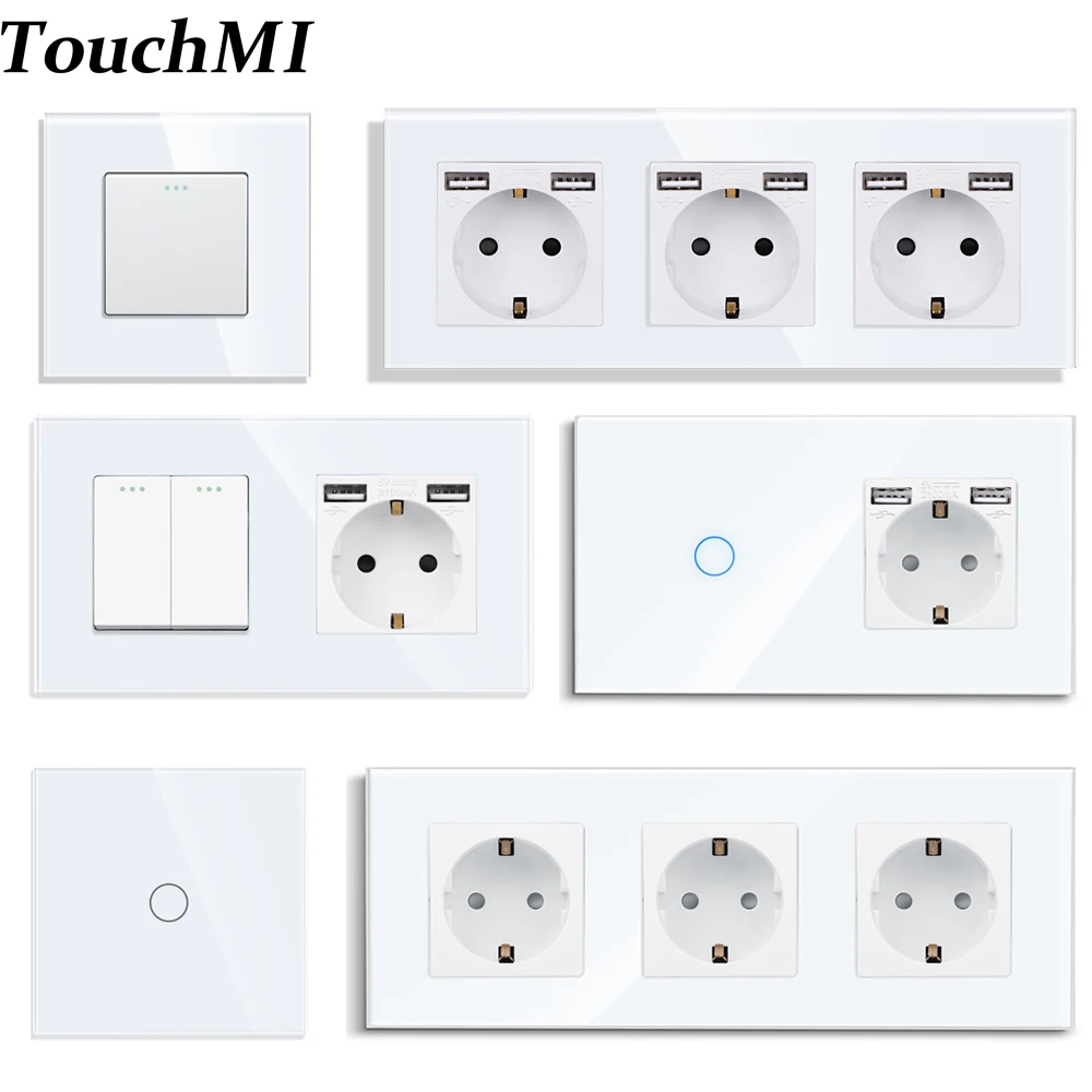 

TouchMi EU Wall Switches Sockets White Glass Panel USB Socket 5V 2.1A for Phone Charging Power Sockets 16A 220V Wall Outlets