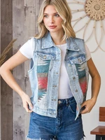 new streetwear printed stitching denim coat aztec style women sleeveless button vest cowgirl ethnic style vintage loose jackets