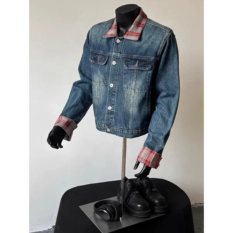 American Retro Plaid Lapel Jeans Jacket Men's Autumn Design Sense Shoulder Padded Splicing Tide
