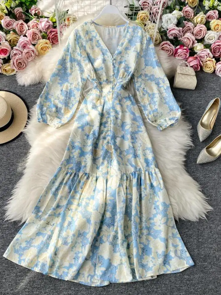 

Осенняя женская одежда ZCWXM, винтажное шикарное Цветочное платье с V-образным вырезом и длинным рукавом, офисное однобортное богемное платье ...