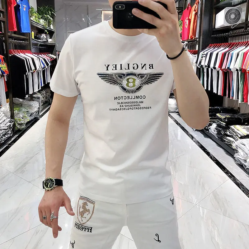 

Plus size t-shirt men's fashion summer new trendy brand letter printing hot drill short-sleeved slim t-shirt men's
