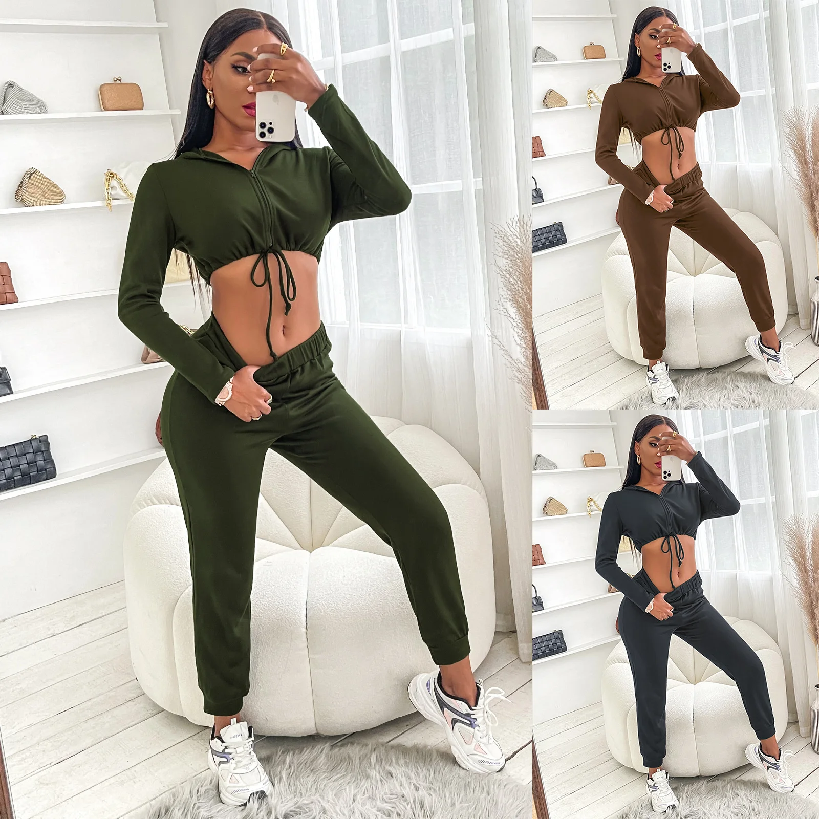 

Женский осенне-зимний комплект, новинка 2021, облегающие брюки с открытым пупком, комплект из двух предметов