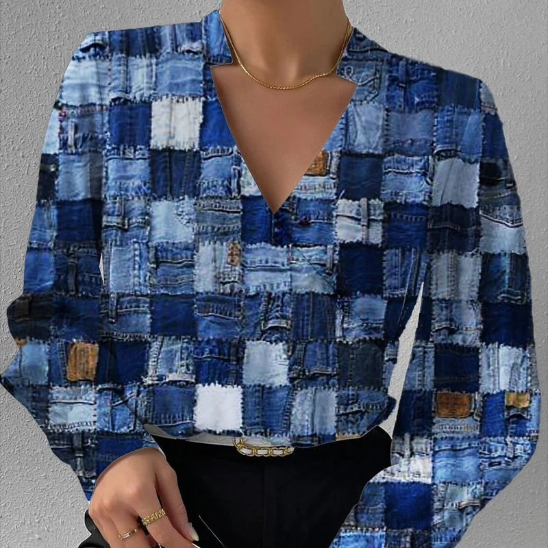 

Vintage Fashion Plaid Imitation Denim Blouse Women Spring Wrap V Neck Office Tops Pullover Autumn Long Sleeve Loose Shirts Mujer