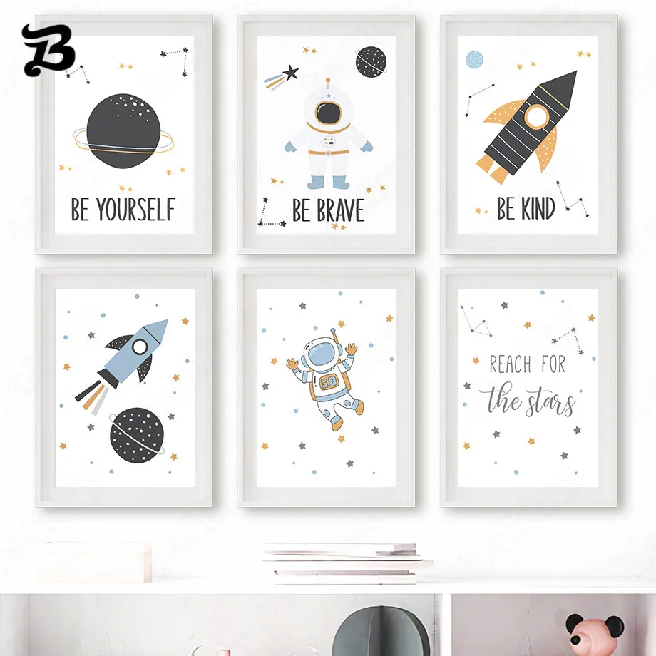 

Be Yourself Brave Canvas Painting Wall Art Space Astronaut Rocket Stars Cartoons Nursery Posters Prints for Kids Room Wall Decor