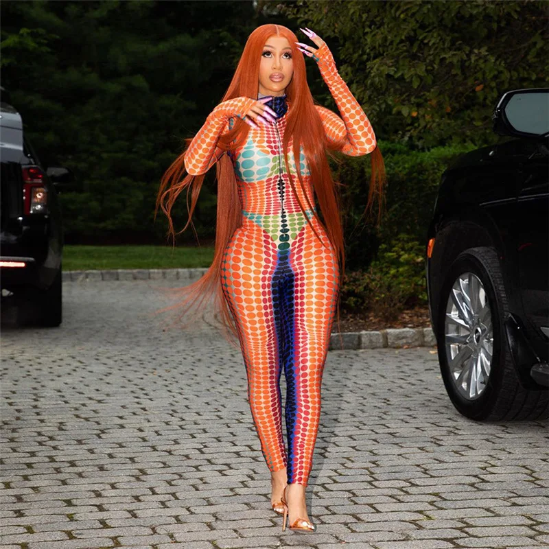 

Dots Print Fitness Jumpsuit Women Skinny Autumn Sporty Colorful Long Sleeve Zipper Activewear Casual Workout Overalls