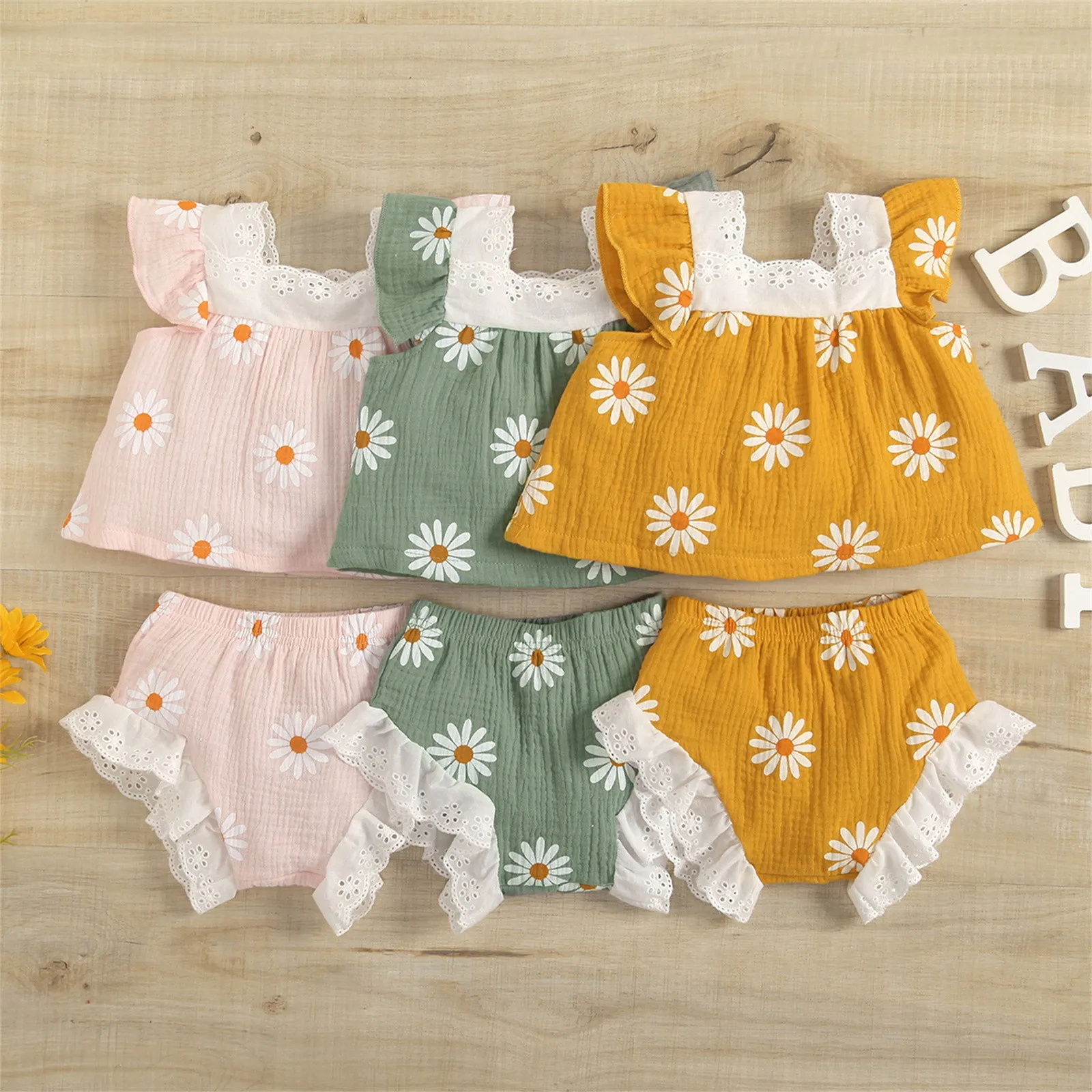 0-24 Months Newborn Infant Baby Girls Summer Sleeveless Lace Linen Daisy Floral T-Shirts Tops Ruffle Shorts Outfits Clothes Set