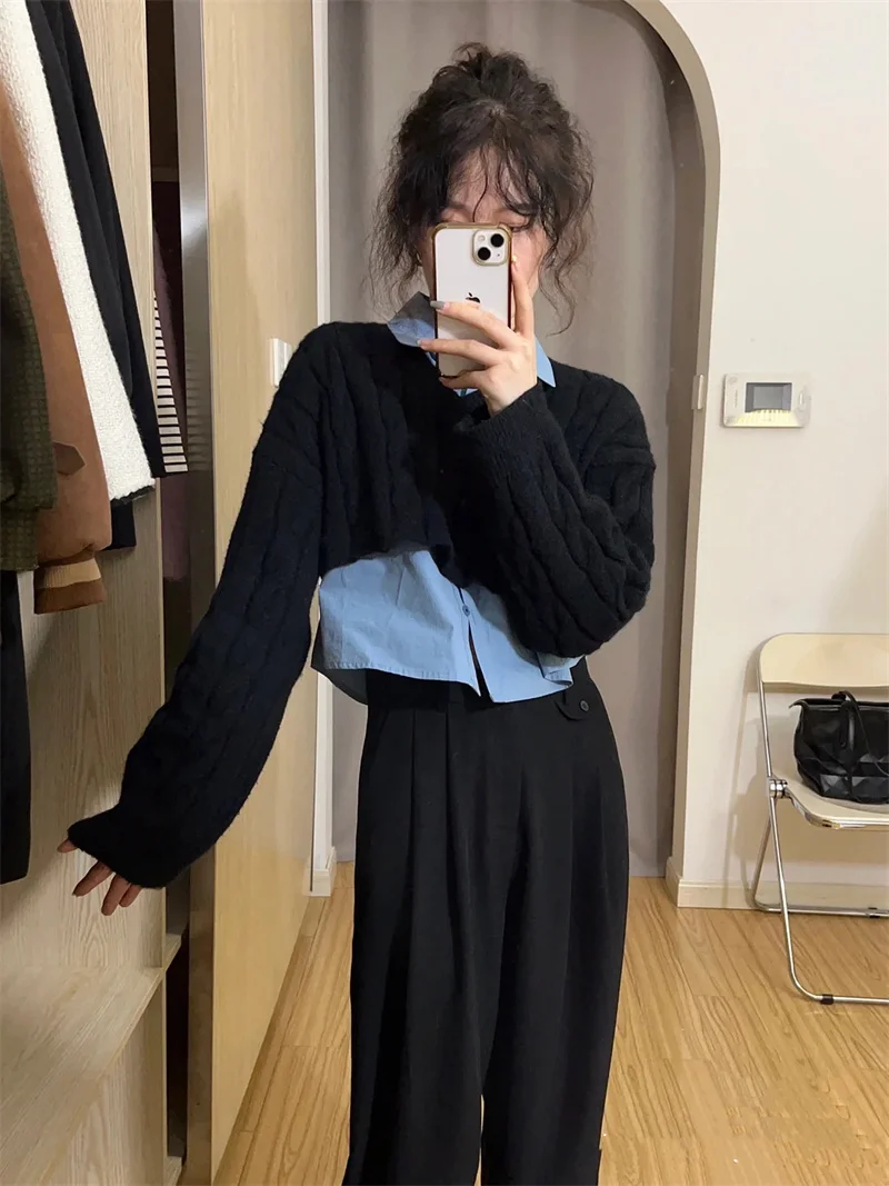 

GG0666 Black Twist Overlay Sweater Autumn Fashion Sweet Spice Girl Design Long Sleeve Knitted Sweater Top