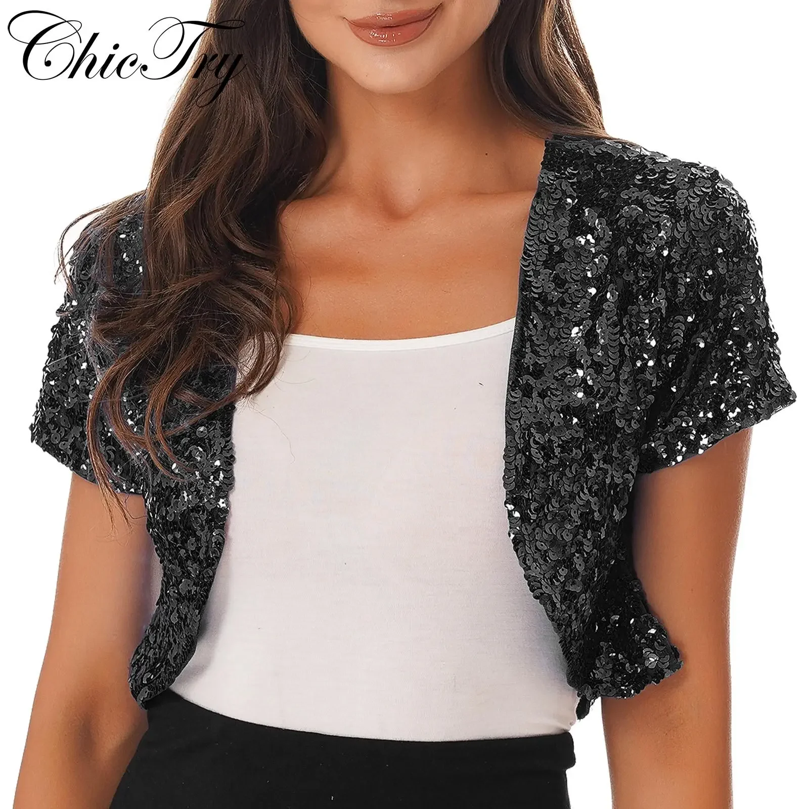 

Womens Shiny Sequins Jacket Coat Wedding Formal Bolero Shrug Cardigan Outwear for Retro Club Party Dance Wear Stage Performance