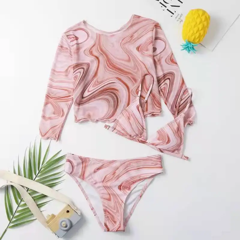 

Girls 3pack Bikini Sets with Long Sleeve Crop Tops Kids Swimsuit 7-12 Years Children's Swimwear 2024 Teenage Girl Bathing Suit