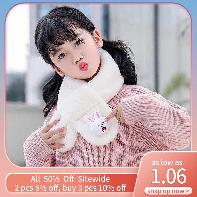 

Cartoon Animals Kids Soft Plush Scarf Winter Warm Artificial Rabbit Fur Cross Scarves Outdoor Children Bib Neckerchief Warmer