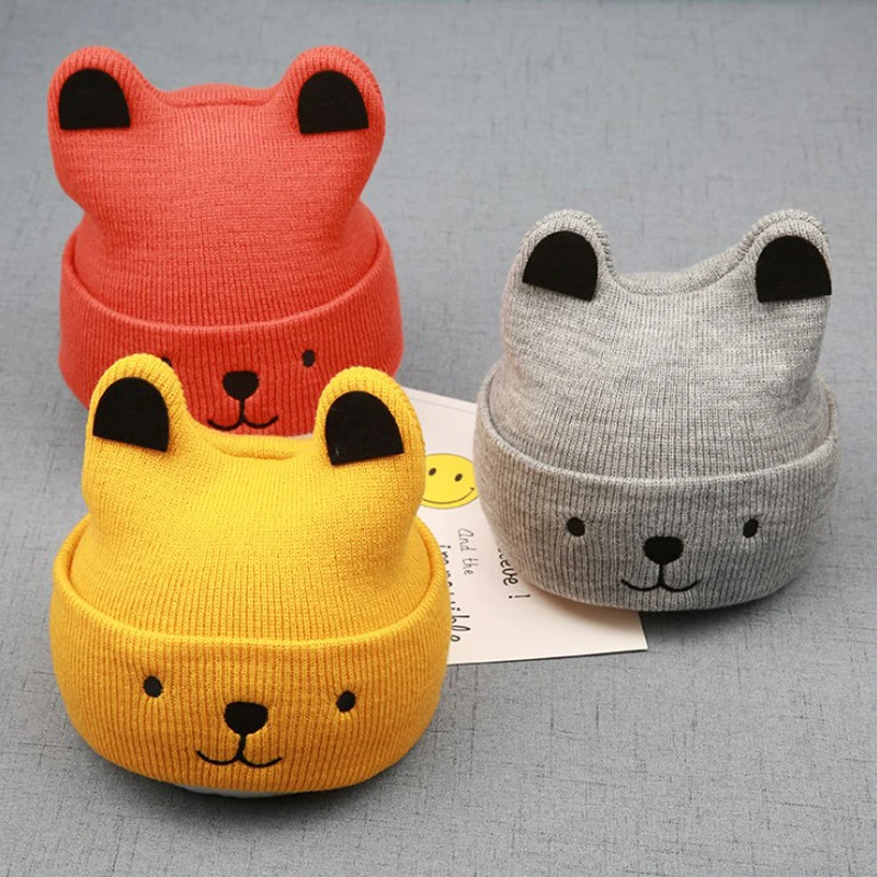 

2022 Newborn Baby Knitted Hat Autumn Winter Warm Cap Cartoon Cute Bear Infant Beanie Solid Color Toddler Boys Girls Hats 0-12M